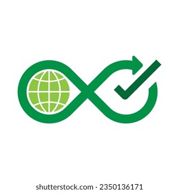 Símbolo de flecha infinita verde con icono mundial y marca de verificación. Icono de economía circular. Estilo de diseño plano de la ilustración del vector.