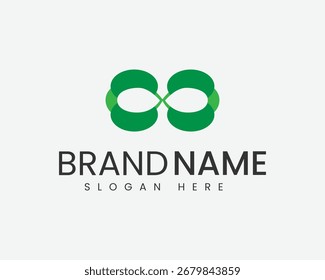 Un símbolo de infinito verde, formado por dos círculos superpuestos, se centra en un fondo blanco. El diseño es limpio y abstracto, lo que sugiere continuidad y conexión. Formato de Vector escalable...