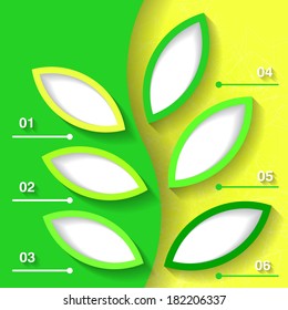 Green infographic background with abstract tree branch and six labels. Eps10