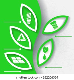 Green infographic background with symbols of renewable energy and five labels. Eps10