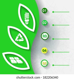 Green infographic background with symbols of renewable energy and five labels. Eps10