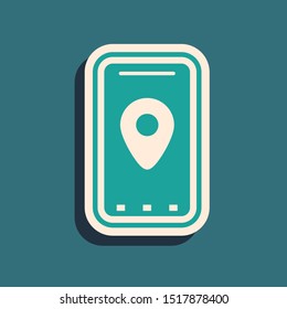 Green Infographic of city map navigation icon isolated on blue background. Mobile App Interface concept design. Geolacation concept. Long shadow style. Vector Illustration