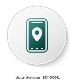 Green Infographic of city map navigation icon isolated on white background. Mobile App Interface concept design. Geolacation concept. White circle button. Vector Illustration