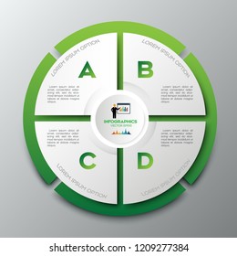 green Infographic design with 4 options circles on the grey background. Can be used for workflow layout, diagram, graph, chart, diagram, web design.
