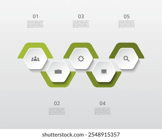 Green infographic template with 5 steps, options, parts or processes.