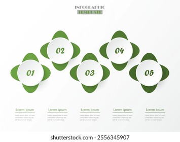 Green infographic template with 5 steps, options, parts or processes.