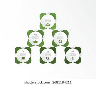 Green infographic template with 6 steps, options, parts or processes. Presentation of teamwork or business processes.