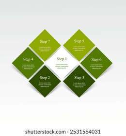 Green infographic template with 7 steps, options, parts or processes.