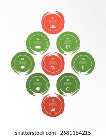 Modelo infográfico verde com 9 etapas, opções, partes ou processos. Apresentação do trabalho em equipe ou dos processos de negócios.