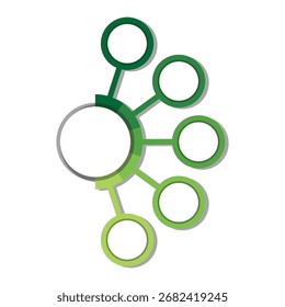 Grüne Infografik-Vorlage mit fünf kreisförmigen Optionen. Darstellung von Diagrammen, Flussdiagrammen und Datenvisualisierung	