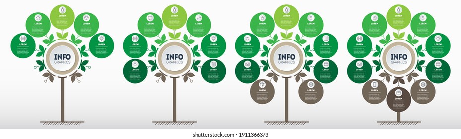 Green infographics in the form of a tree with 5, 7, 9 and 10 parts. Development and growth of the eco business. Timeline of trends. Business presentation concept with four parts, steps or processes.