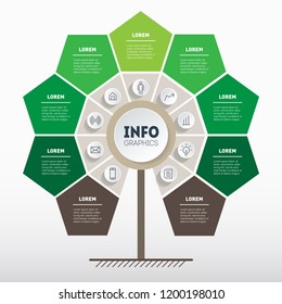 Green infographics. Tree of development and growth of the eco business. Infographic of tendencies and trends. Business presentation concept with 9 points, options, parts, steps or processes.
