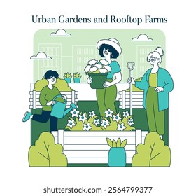 Green Infrastructure concept. Citizens engage in urban gardening with rooftop farms enhancing city sustainability. Green community initiative. Vector illustration.