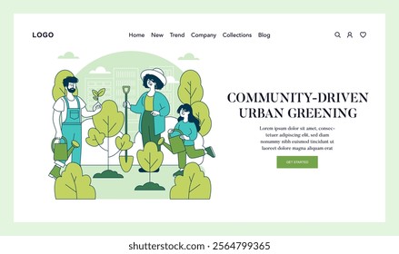 Green Infrastructure concept. Community gardening in an urban setting, showcasing people cultivating plants. Eco-friendly city life and volunteer gardening. Vector illustration.