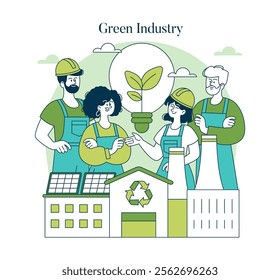 Green infrastructure concept. Eco-friendly industry practices featuring workers united for sustainability. Renewable energy and recycling. Vector illustration.