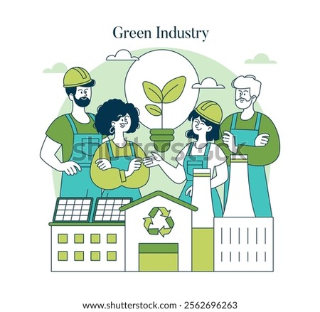 Green infrastructure concept. Eco-friendly industry practices featuring workers united for sustainability. Renewable energy and recycling. Vector illustration.