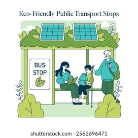 Green Infrastructure concept. Illustration of an eco-friendly bus stop with solar panels and passengers waiting. Sustainable transport solution. Vector illustration.