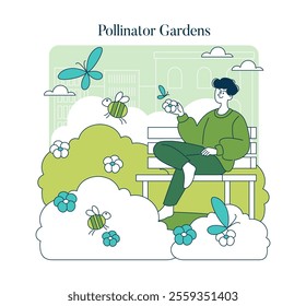 Green Infrastructure concept. Illustration of a person enjoying a pollinator garden with bees and butterflies in an urban setting. Vector illustration.