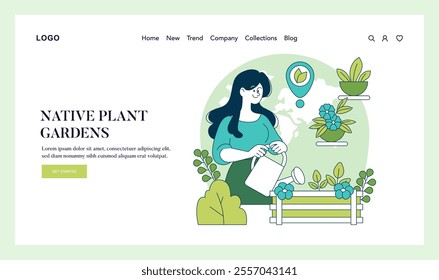 Green Infrastructure concept. Illustration of a woman tending to a community garden promoting urban biodiversity. Sustainable living, urban greening. Vector illustration.