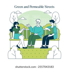 Green Infrastructure concept. People enjoying a sustainable urban environment with lush greenery and eco-friendly designs. Urban renewal with nature integration. Vector illustration.