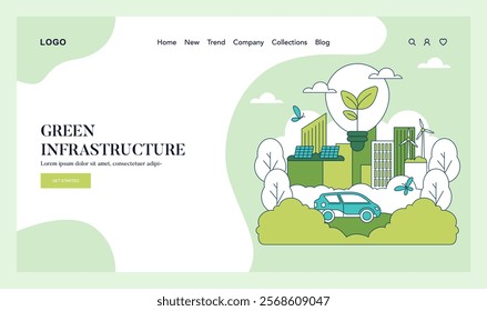 Green Infrastructure concept. Sustainable city landscape with eco-friendly technologies. Clean energy, greenery, and electric car integration. Vector illustration.