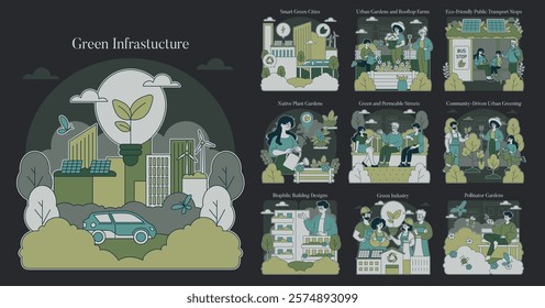 Green Infrastructure concept. Sustainable urban design integrates eco-friendly elements into city life. Solar panels, green roofs, community gardens, and clean transport. Vector illustration.