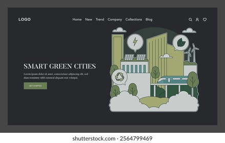 Green Infrastructure concept. Urban landscape integrating eco-friendly technologies and renewable energy. Sustainable city life with smart solutions. Vector illustration.