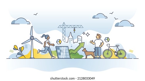 Green Infrastructure And Environmental Friendly Lifestyle Outline Concept. Ecological Zero Emissions Electricity Production In Smart And Modern Urban City With Clean Transportation Vector Illustration