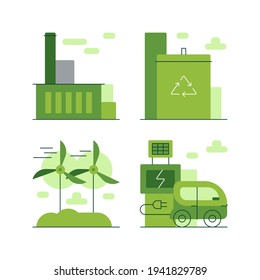 Green infrastructure. Green factories, waste management and renewable energy. Ecologic objects. Smart city and green urban places. Infographic elements. Set of modern icons. Vector file.