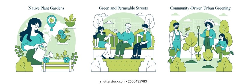 Conjunto de infraestructura verde. Jardinería Urbana, planificación urbana ecológica y participación comunitaria. Espacios verdes, vida sostenible y ecosistemas locales. Ilustración vectorial.