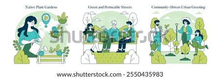 Green Infrastructure set. Urban gardening, eco-friendly city planning, and community engagement. Green spaces, sustainable living, and local ecosystems. Vector illustration.