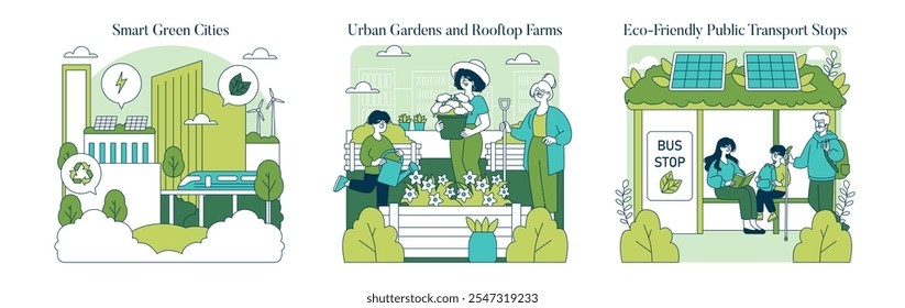 Green Infrastructure set. Urban sustainability and renewable energy. People engaging in city agriculture, transit eco-upgrades. Vector illustration.