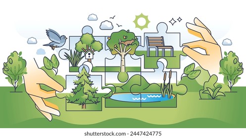 Green infrastructure with sustainable city parks hands outline concept. Ecological area with wildlife, biodiversity and nature friendly park vector illustration. Bench, pond and trees for community.