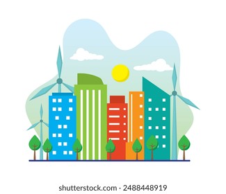 Infraestructura verde para el Vector sostenible de la ciudad. Urbana, concepto, energía, inteligente, ecología, eco, ciudad, casa, edificio, futuro, paisaje. Se puede utilizar para infografía, Anuncio, póster, Diseño web.