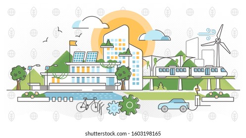 Green infrastructure vector illustration. Ecological city in outline concept. Factory and transportation responsible and sustainable resource consumption. Electricity power and renewable energy scene.