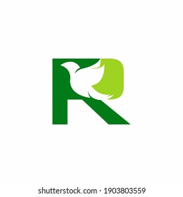 Green initial letter R with bird shape inside vector logo design