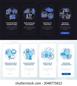 Green initiatives onboarding mobile app page screen. Reduce forest fire walkthrough 4 steps graphic instructions with concepts. UI, UX, GUI vector template with linear night and day mode illustrations