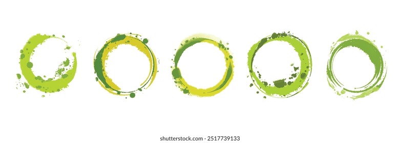 Green ink blob circle set, watercolor spot ring grunge vector abstract splash stain collection. Brushstroke painting liquid frame, grunge organic inkblot spray dripped wet background. Round ink blob  