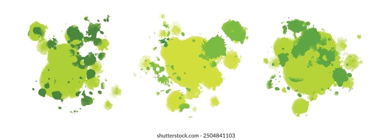 Green ink blob set, vector dark watercolor spot, abstract grunge stain collection, organic splash. Brushstroke painting liquid silhouette, grunge paper inkblot, spray dripped wet background. Ink blob 