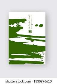 Green ink brush stroke on white background. Japanese style. Vector illustration of grunge stains