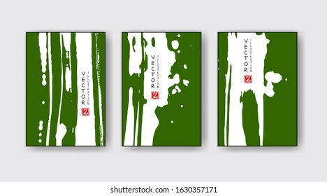 Green ink brush stroke on white background. Japanese style. Vector illustration of grunge wave stains.Vector brushes illustration.