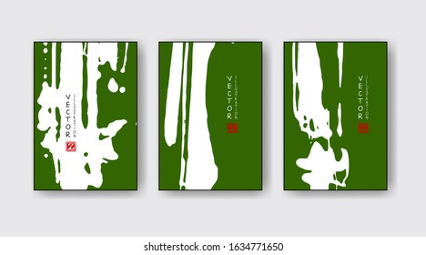 Green ink brush stroke on white background. Japanese style. Vector illustration of grunge wave stains.Vector brushes illustration.