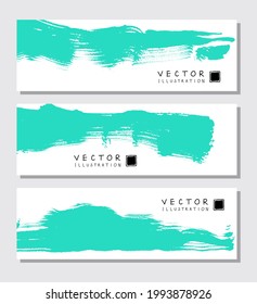 Green ink brush stroke on white backgrounds set. Japanese brush style banner. Vector illustration of grunge stains