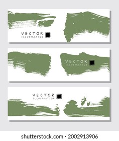 Green ink brush stroke on white backgrounds set. Japanese brush style banner. Vector illustration of grunge stains