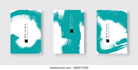 Tiro de pincel de tinta verde sobre fondo blanco conjunto. Banner estilo cepillo japonés. Ilustración vectorial de manchas de grano