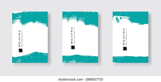 Green ink brush stroke on white backgrounds set. Japanese brush style banner. Vector illustration of grunge stains