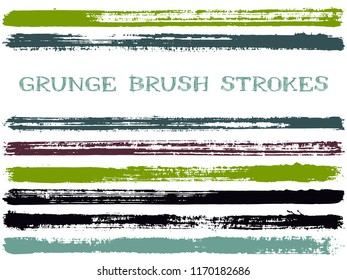 Green ink brush strokes isolated design elements. Set of paint lines. Dirty stripes, textured paintbrush stroke shapes. Collection of ink brushes, stripes isolated on white, vector paint samples.