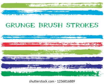 Green ink brush strokes isolated design elements. Set of paint lines. Abstract stripes, textured paintbrush stroke shapes. Collection of ink brushes, stripes isolated on white, vector paint samples.