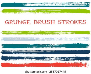 Green ink brush strokes isolated design elements. Set of paint lines. Distressed stripes, textured paintbrush stroke shapes. Collection of ink brushes, stripes isolated on white, vector paint samples.