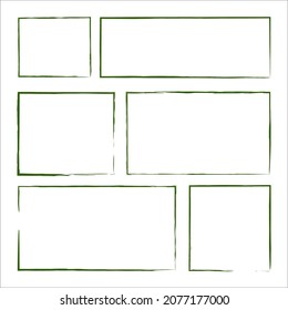 Green Ink Rectangle Outline Set. Abstract Art Design. Doodle Style. Pen Drawing. Vector Illustration. Stock Image. 